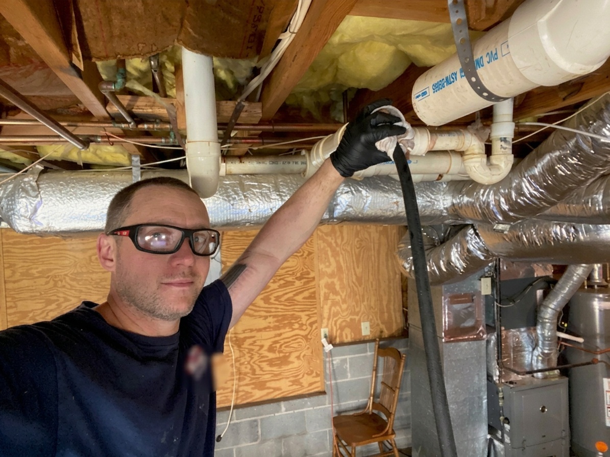 BF Plumbing & Drain technician inspecting overhead drain lines on a service call