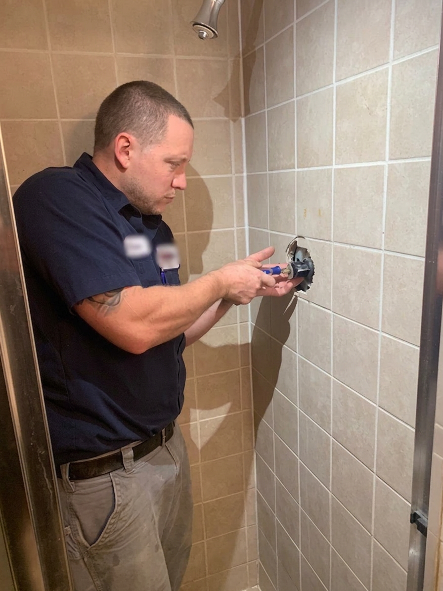 BF Plumbing technician Brian rebuilding a shower valve cartridge during a fixture repair call