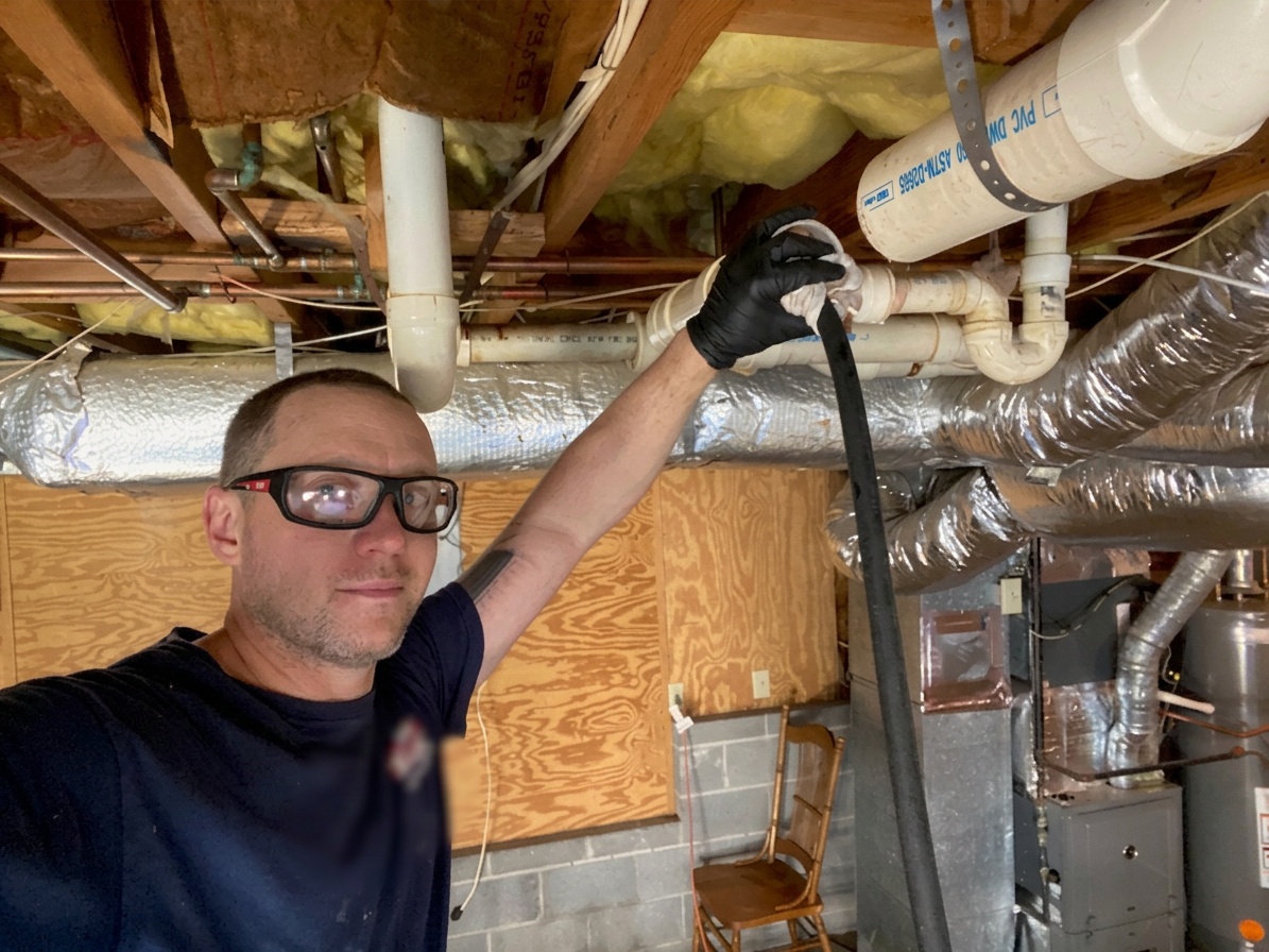 BF Plumbing technician inspecting overhead drain and discharge lines for a sump pump system