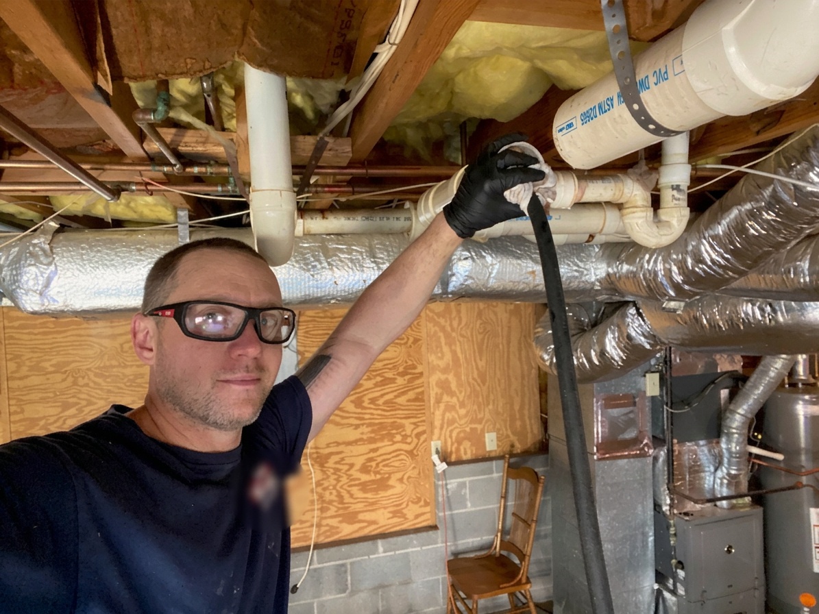 BF Plumbing technician servicing supply lines connected to a tankless water heater system